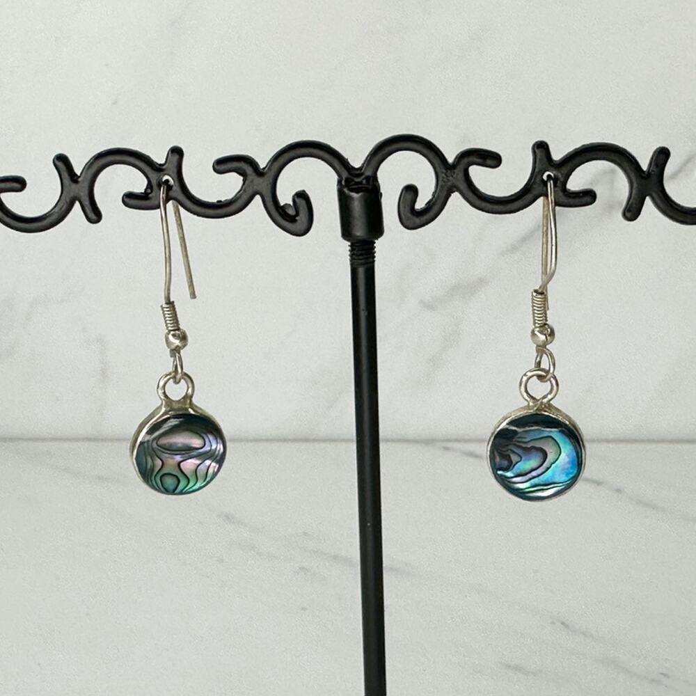 Vintage Alpaca Mexico Abalone Round Disc Dangle Earrings Silver Tone ✨